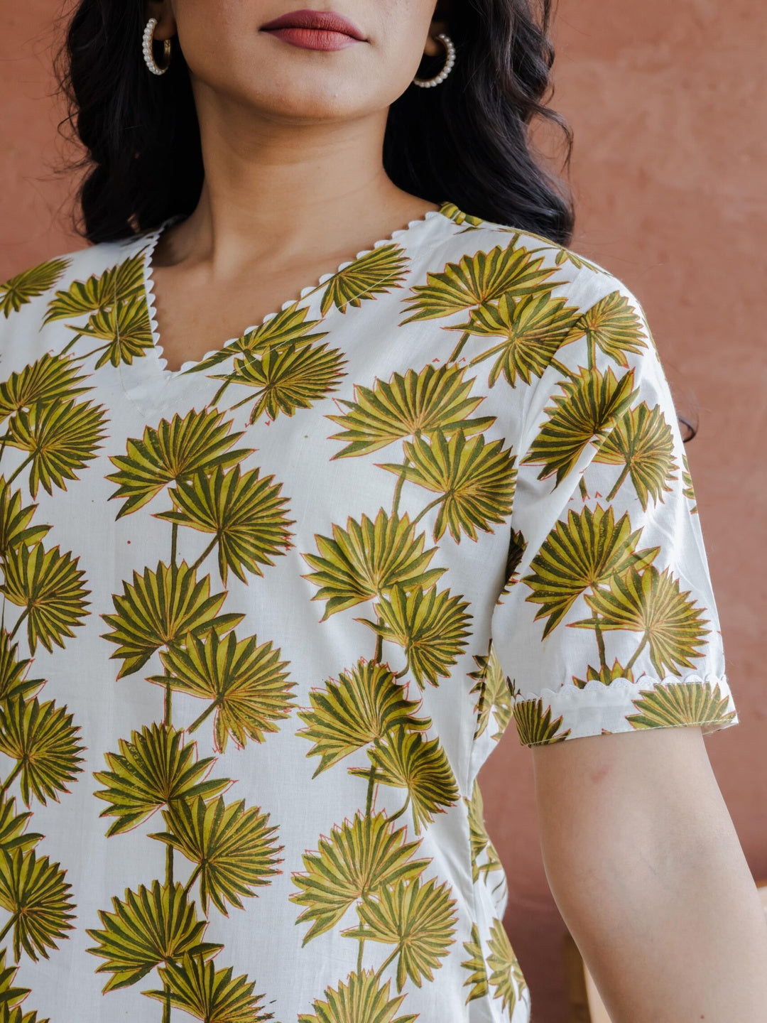 Olive Green Palm Leaf Jaal Hand Block Printed A line Kurta