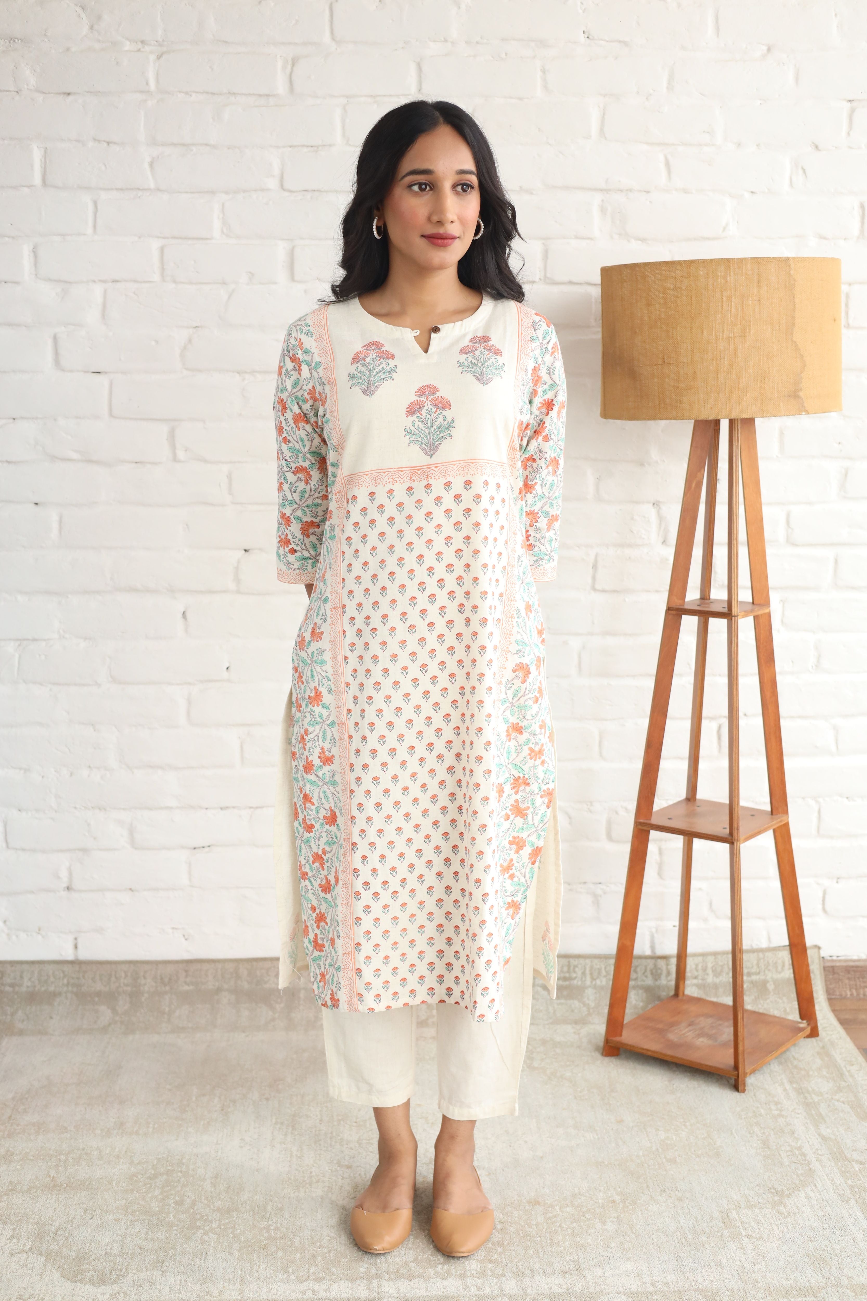 Three Butta placement Hand Block Printed Straight Kurta