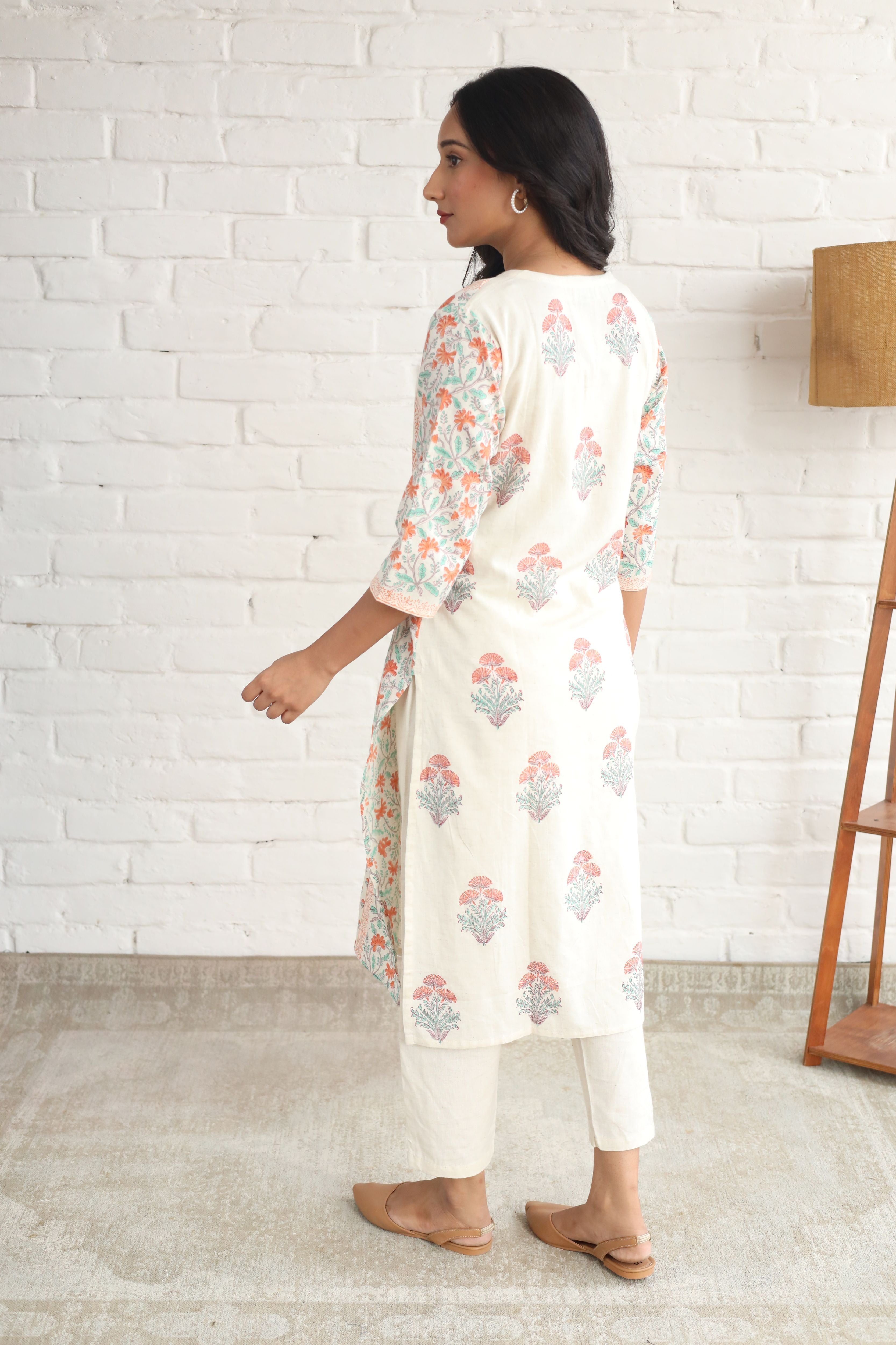 Three Butta placement Hand Block Printed Straight Kurta