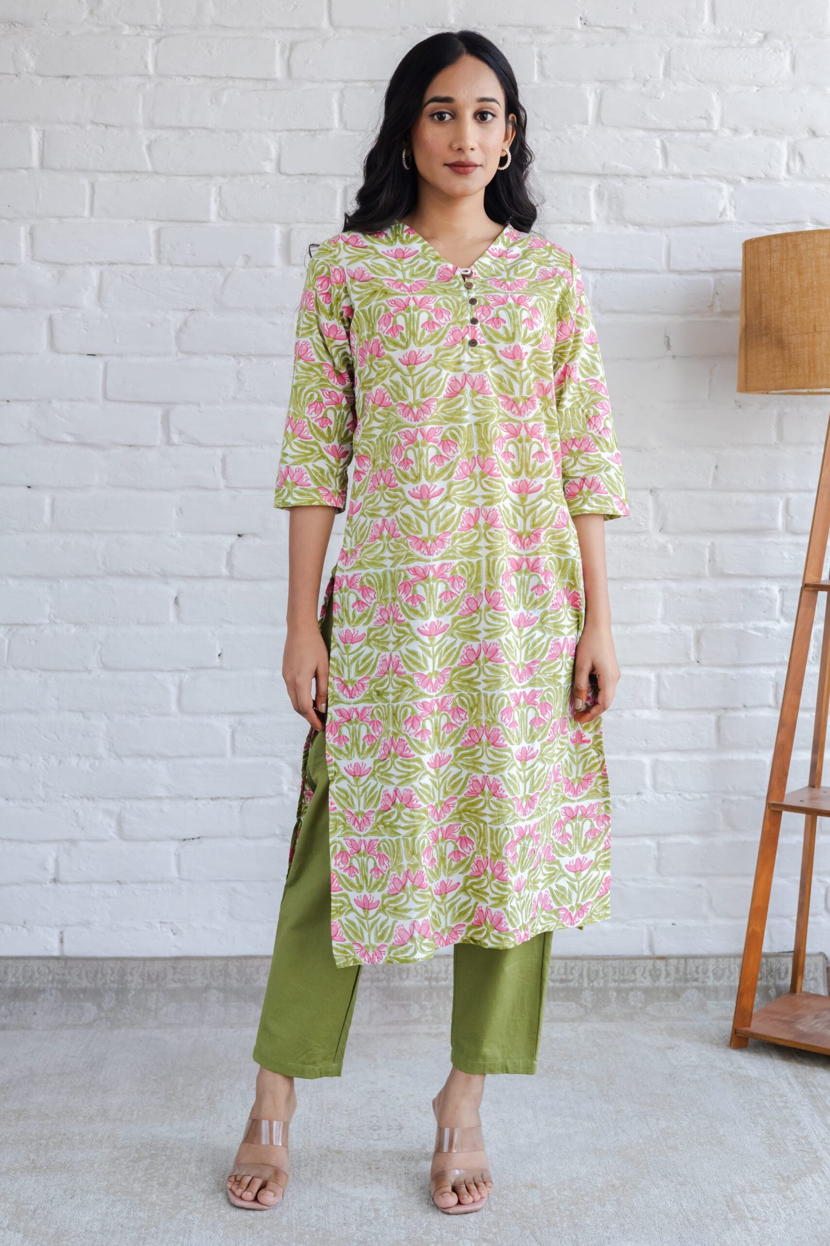 Green Pink Jaal Hand Block Printed Straight Kurta