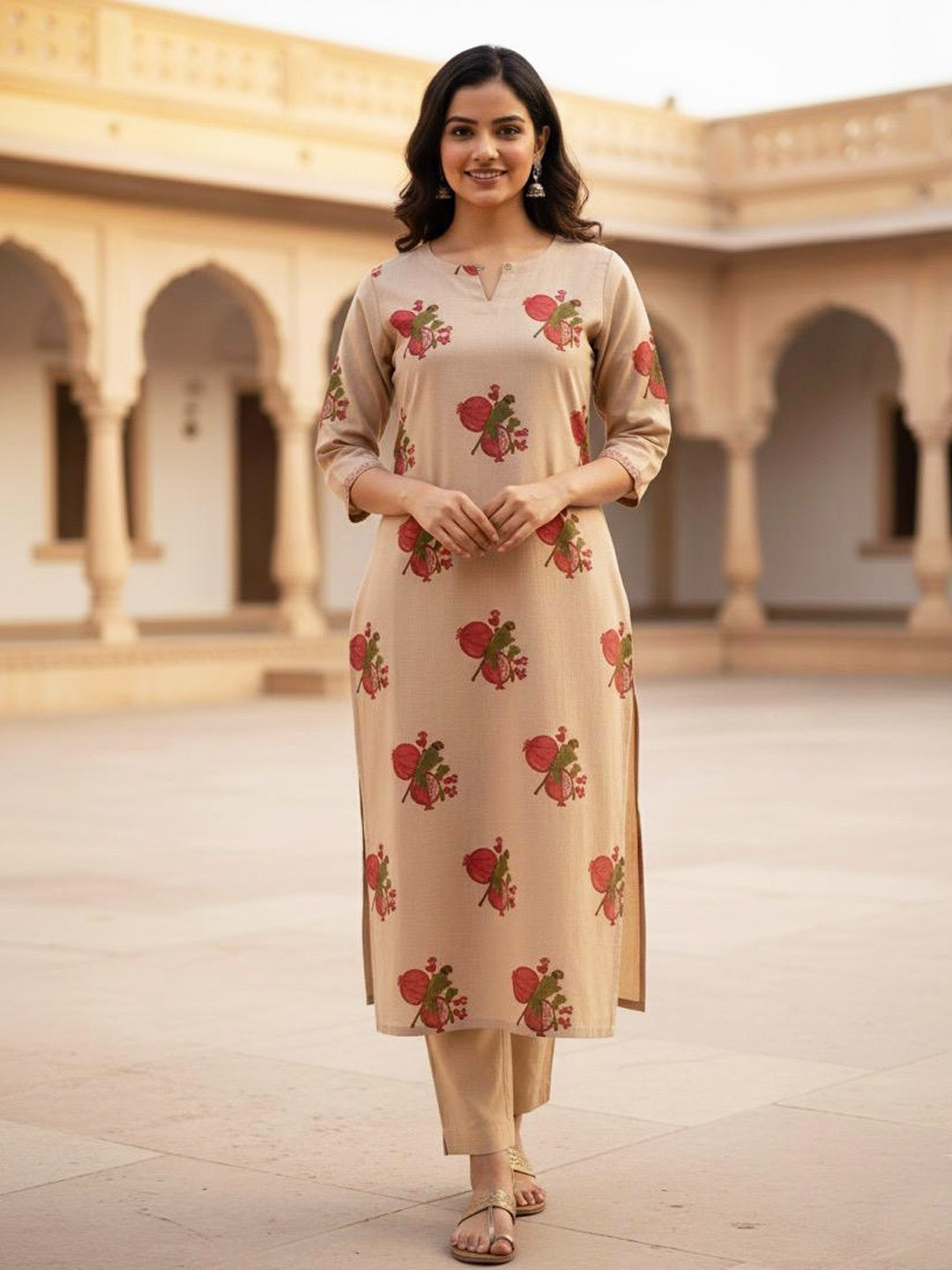 Pomegranate Placement Hand Block Printed Straight Kurta