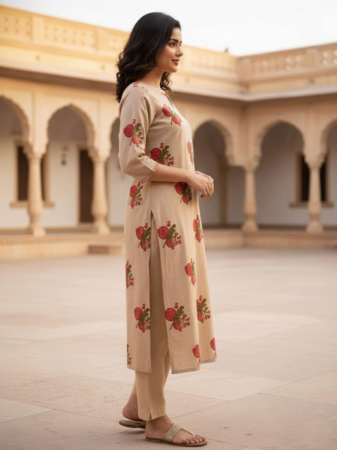 Pomegranate Placement Hand Block Printed Straight Kurta
