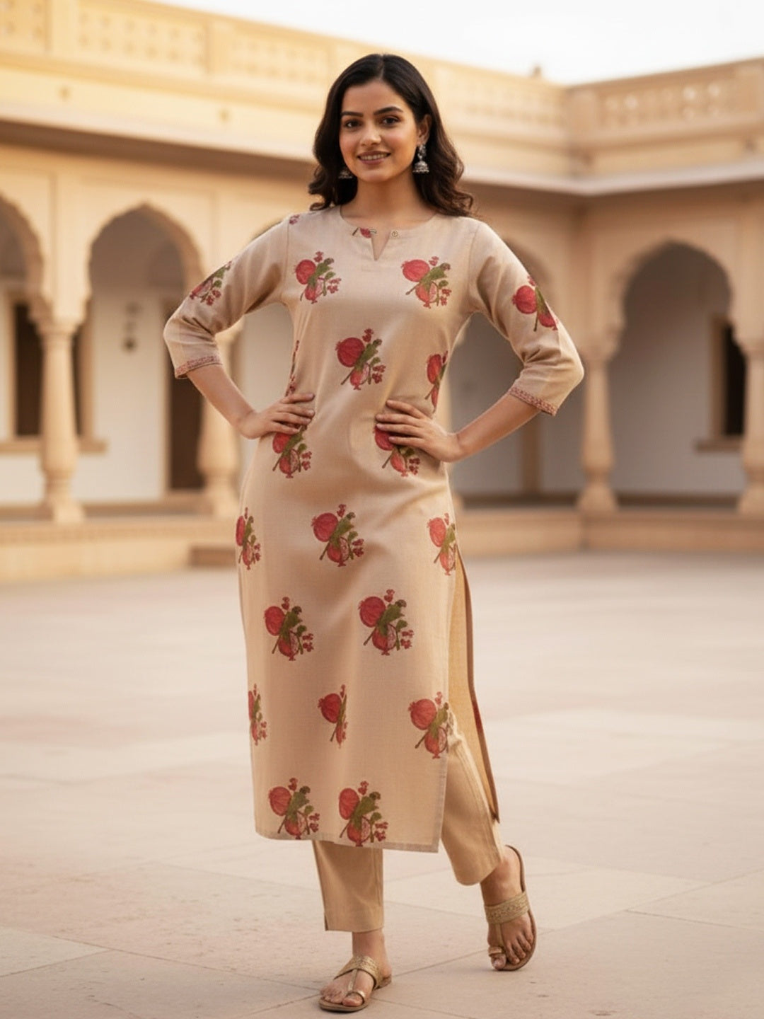Pomegranate Placement Hand Block Printed Straight Kurta