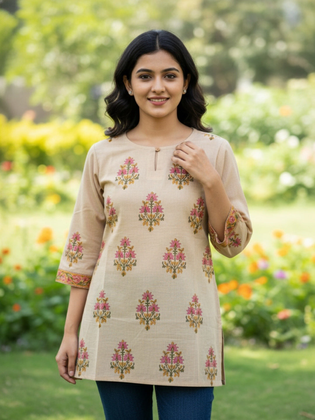 Mughal Buta Cotton Hand Block Printed Beige Short Kurti