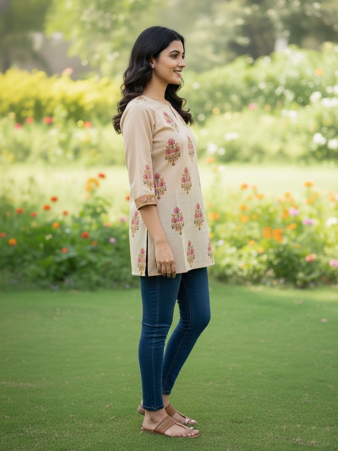 Mughal Buta Cotton Hand Block Printed Beige Short Kurti