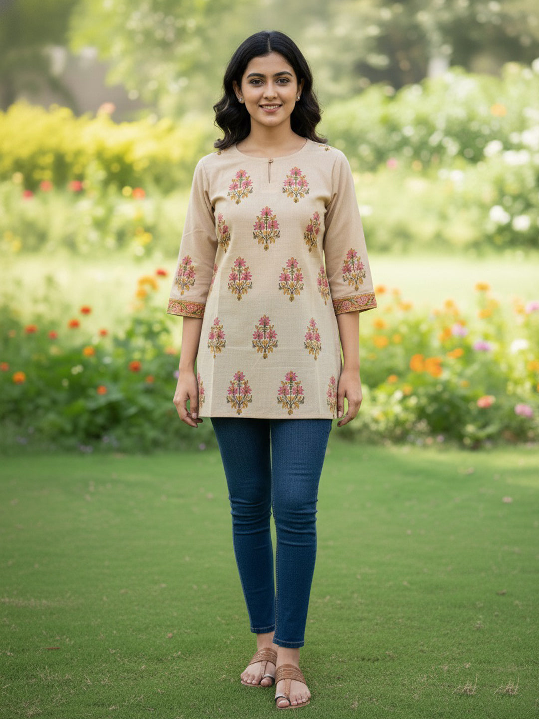 Mughal Buta Cotton Hand Block Printed Beige Short Kurti