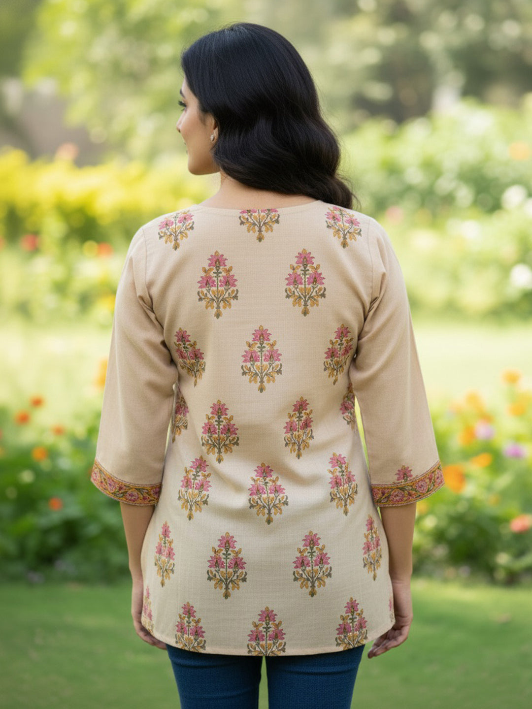 Mughal Buta Cotton Hand Block Printed Beige Short Kurti