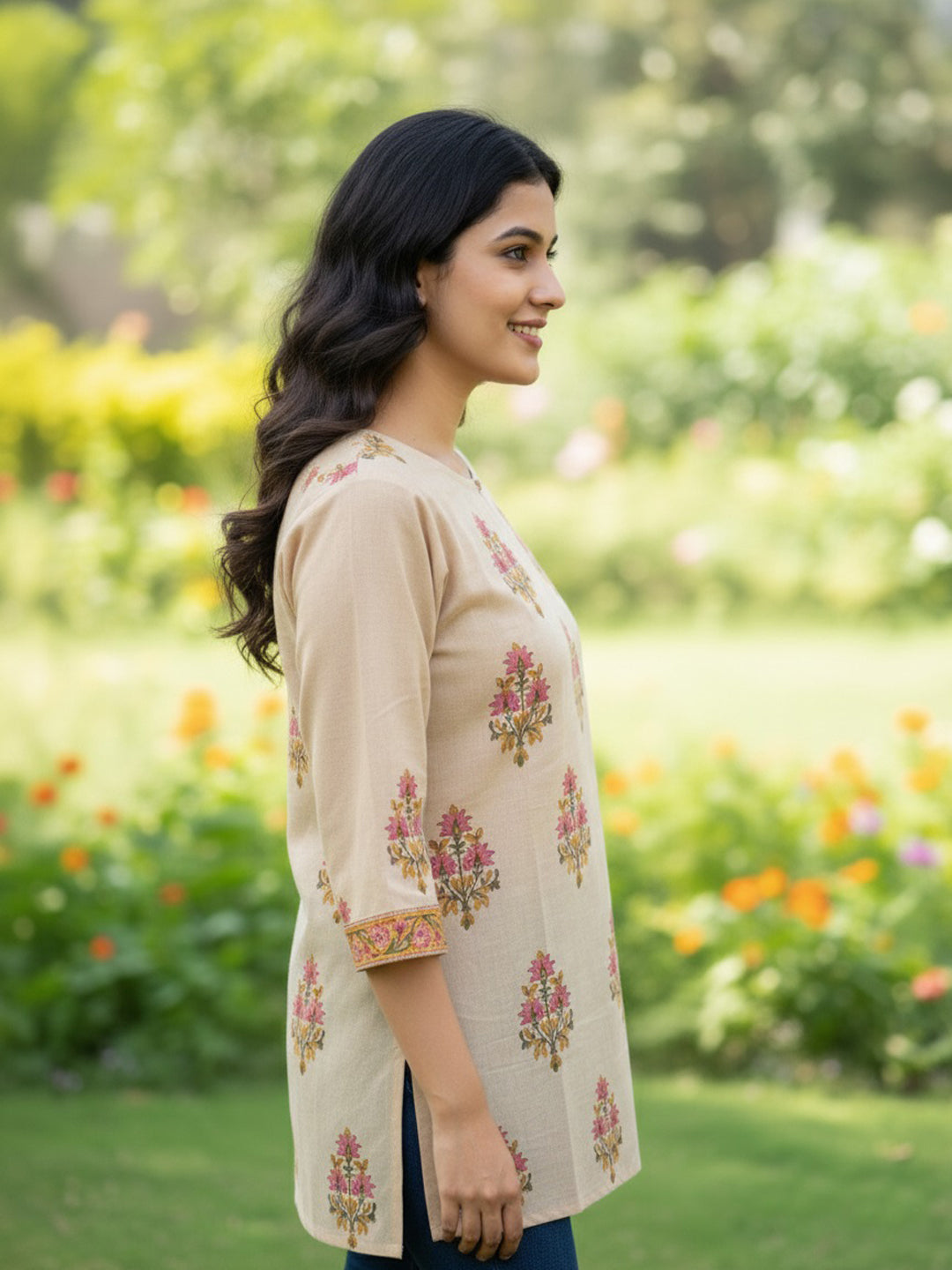 Mughal Buta Cotton Hand Block Printed Beige Short Kurti