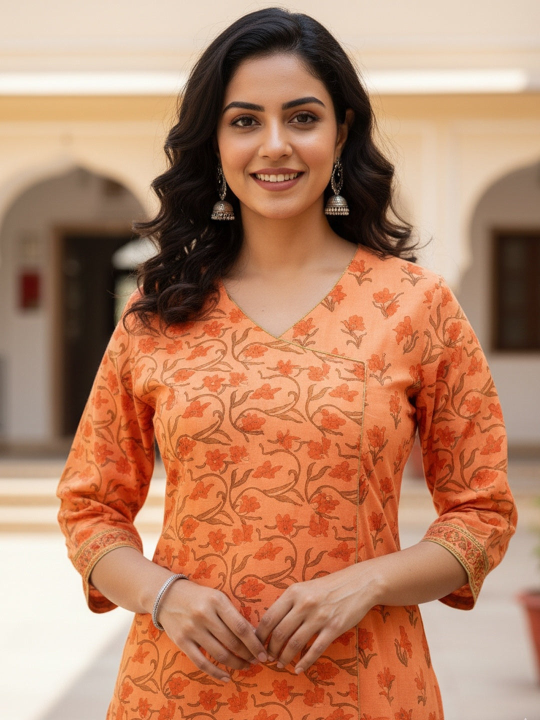 Peach Jaal Butti Hand Block Printed Straight Kurta