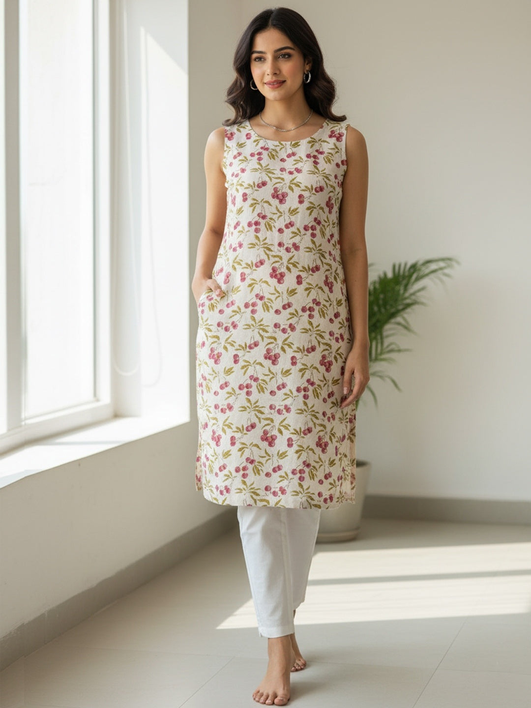Cherry Sleeveless Block Printed Straight Kurta