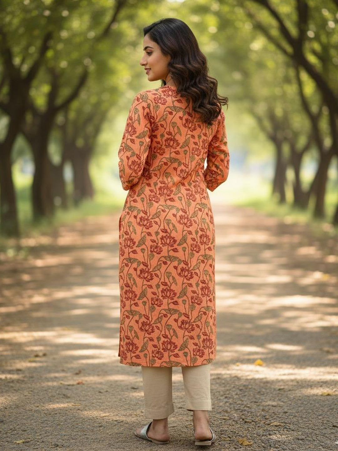 Peach Lotus Jaal Hand Block Printed Straight Kurta