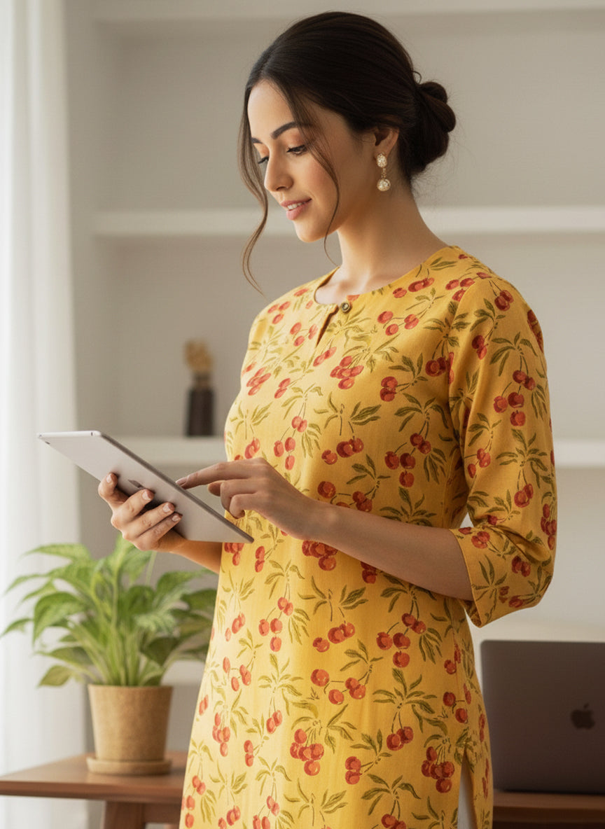 Cherry Cotton Hand Block Printed Short Kurti