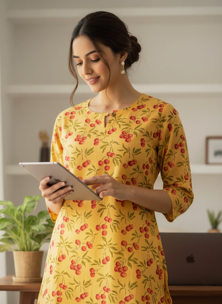 Cherry Cotton Hand Block Printed Short Kurti