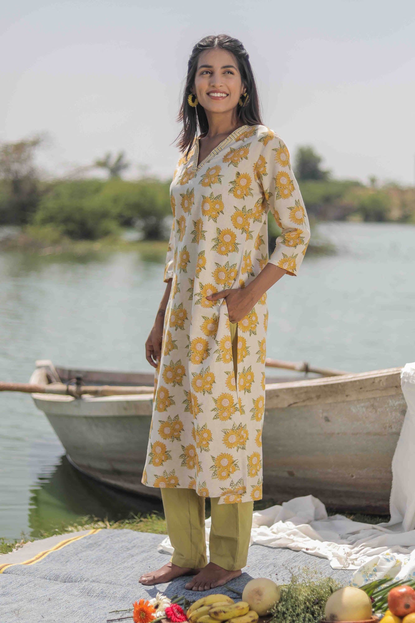 Sunflower Hand Block Printed V neck Straight Kurta