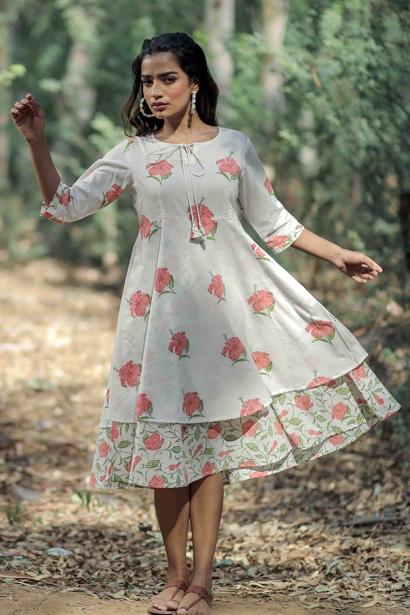 White Mandara Hand Block Printed Dress