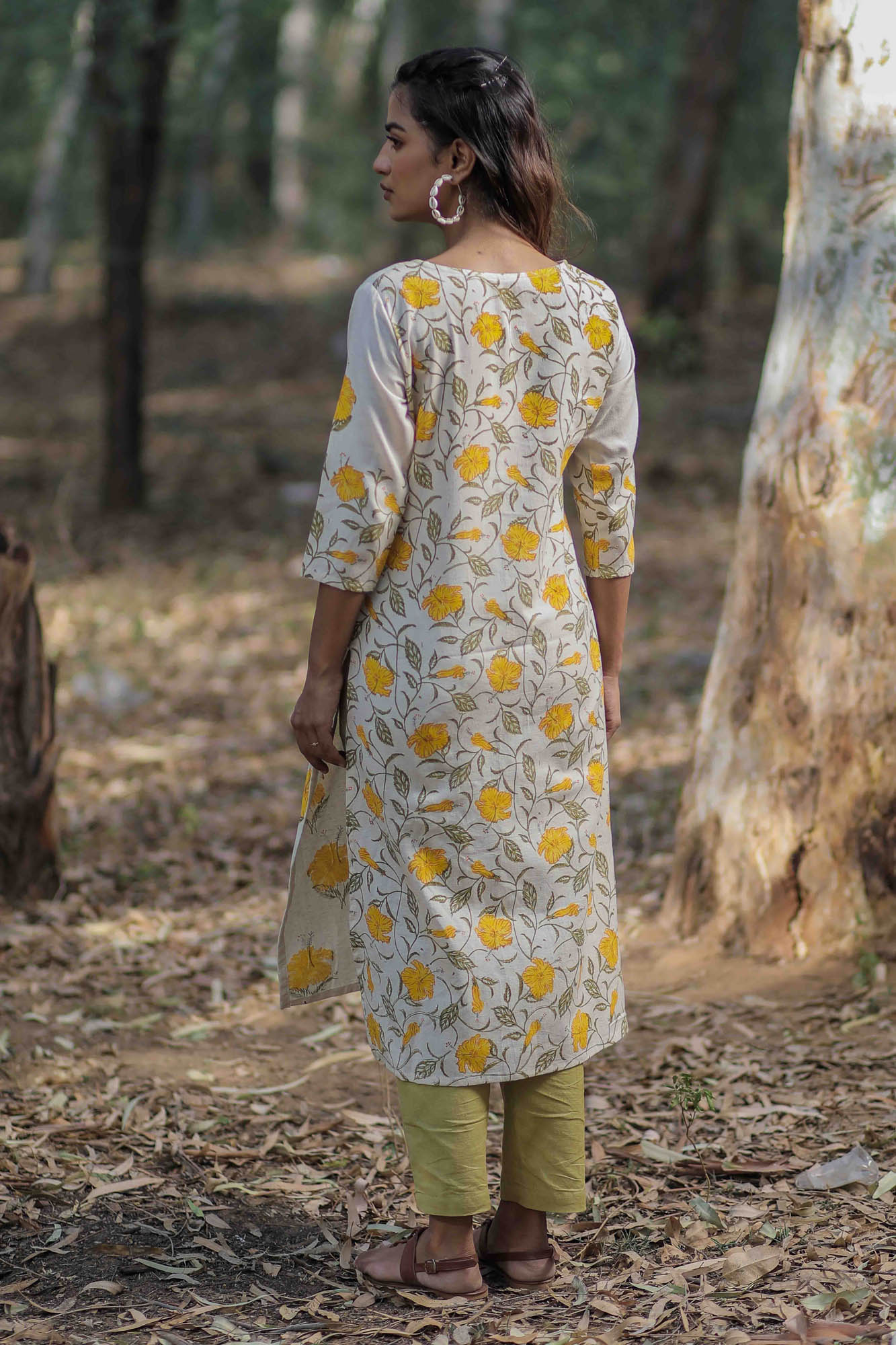Off-white Mandara Hand Block Printed Straight Panel Kurta