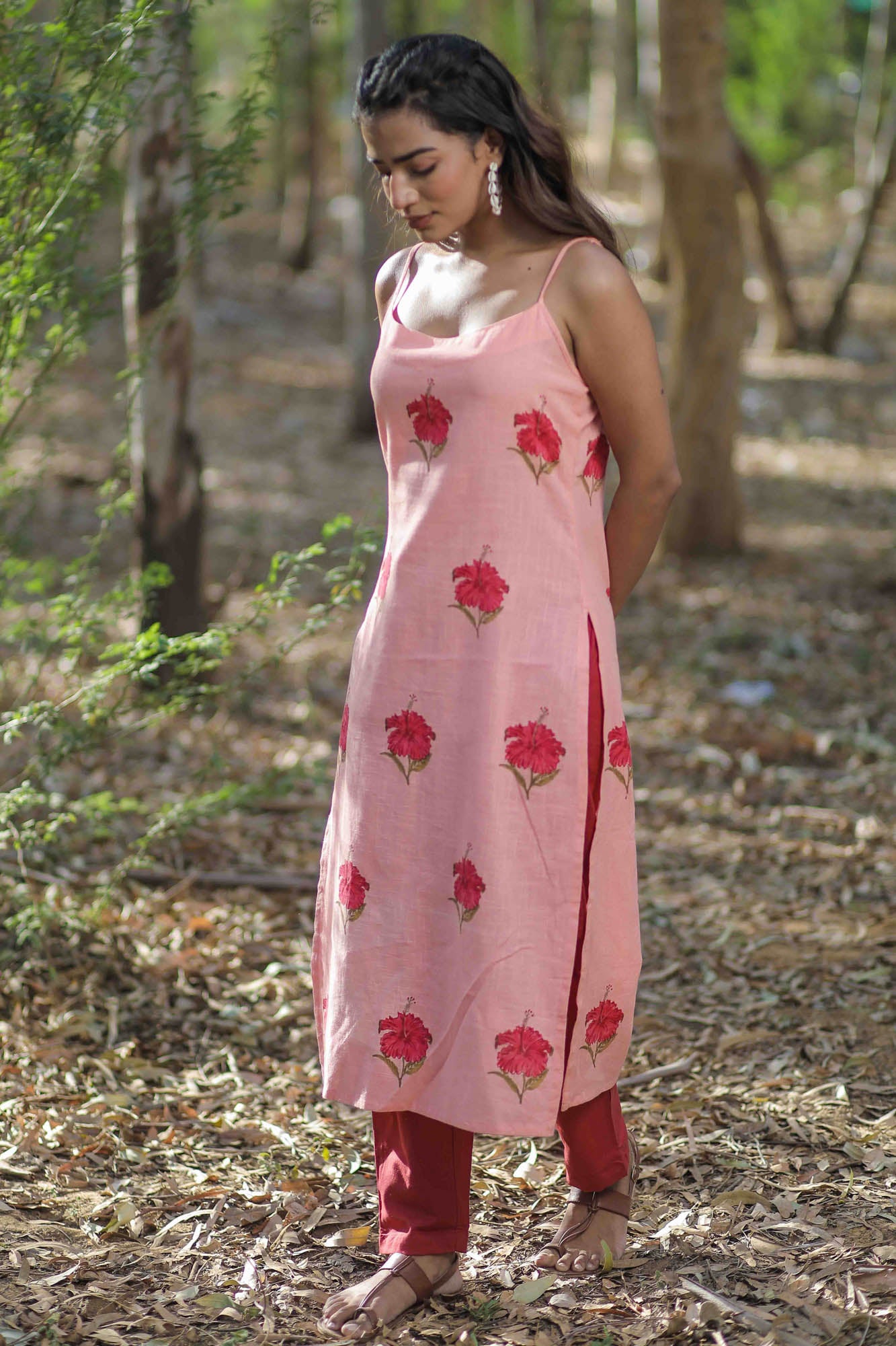 Peach Mandara Floral Hand Block Printed Strap Kurta