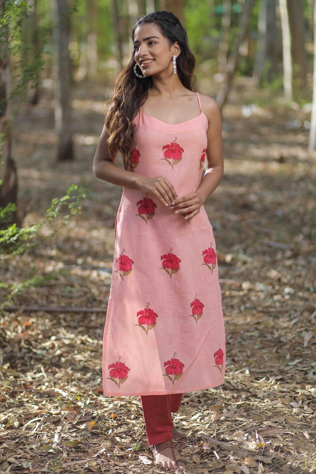 Peach Mandara Floral Hand Block Printed Strap Kurta