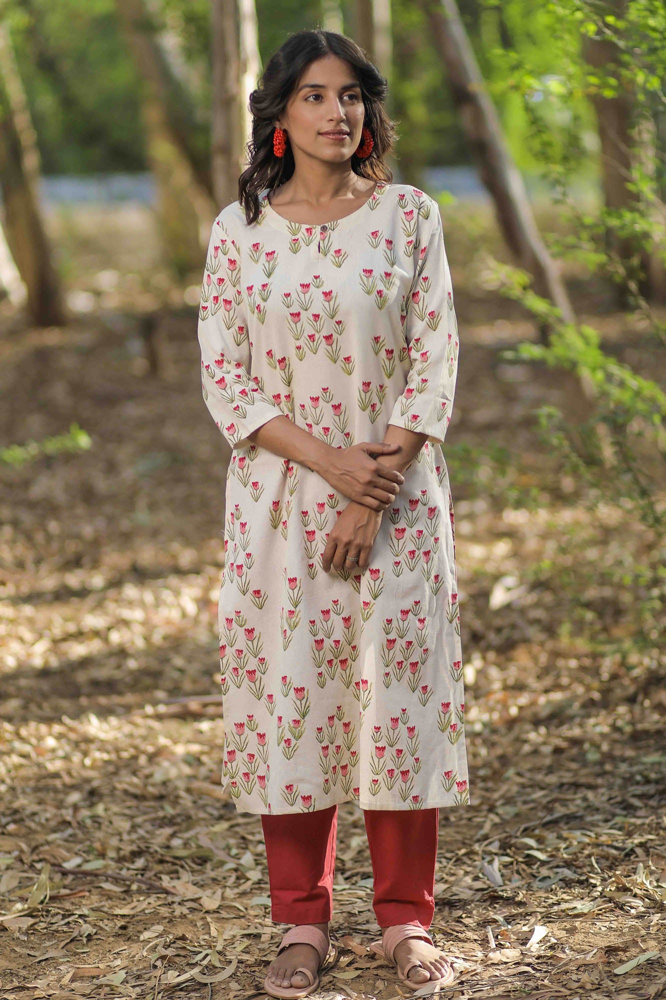 Off-white Tulip Hand Block Printed Straight Kurta