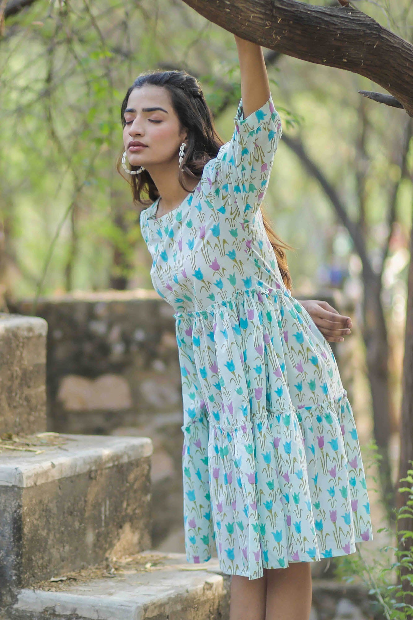 Aqua Quirky Tulip Hand Block Printed Tiered Dress