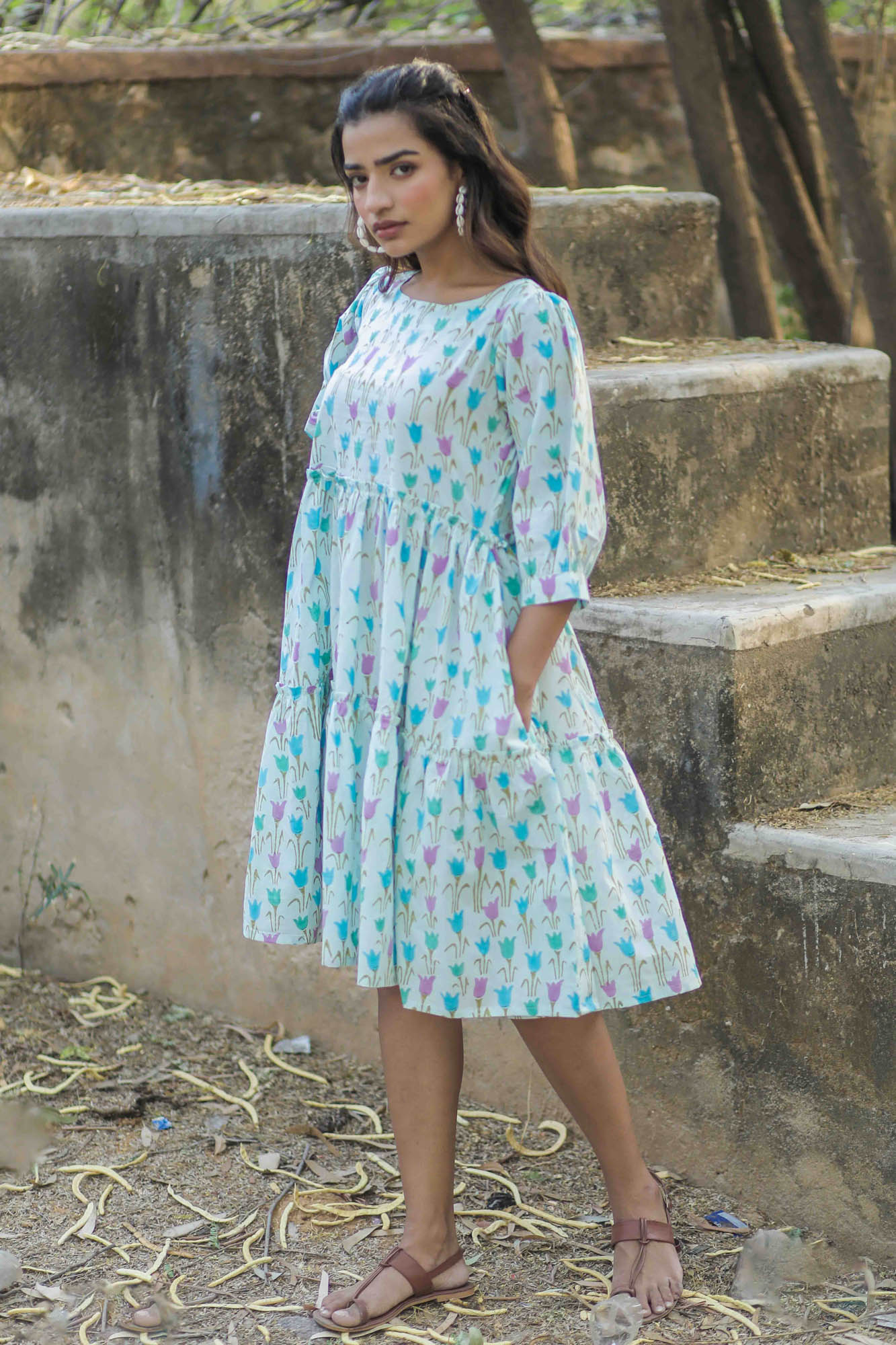 Aqua Quirky Tulip Hand Block Printed Tiered Dress