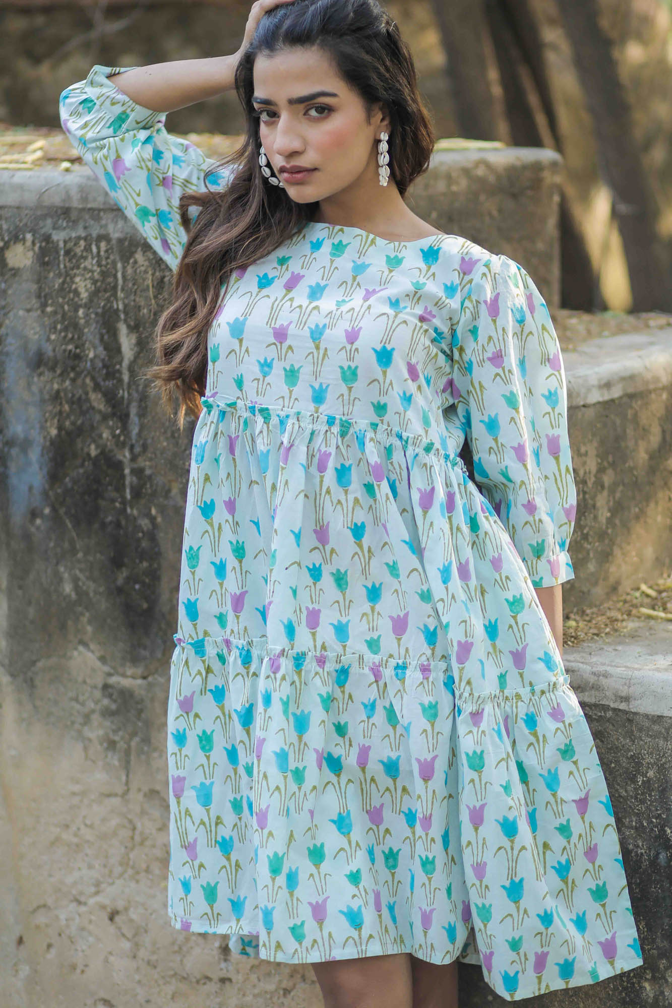 Aqua Quirky Tulip Hand Block Printed Tiered Dress