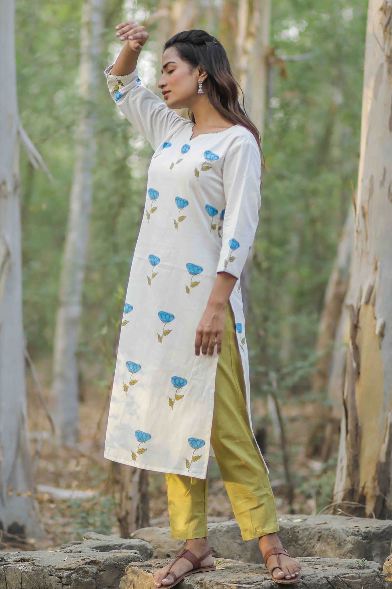 White Rose Hand Block Printed Kurta
