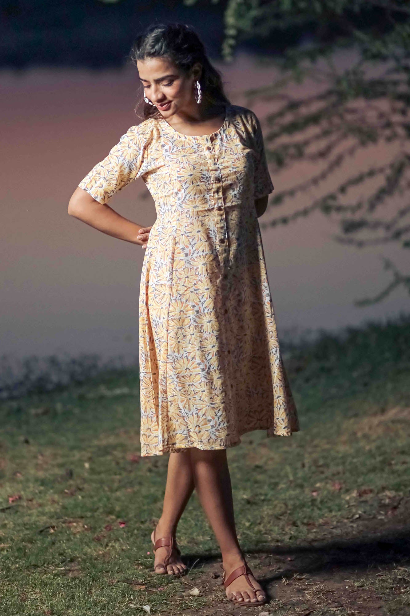 Yellow Hand Block Printed Panel Dress