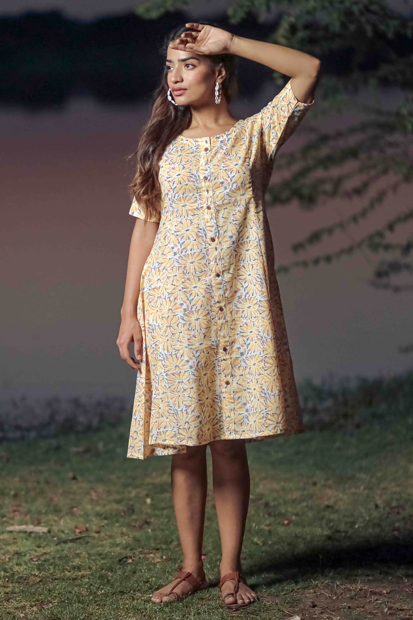 Yellow Hand Block Printed Panel Dress