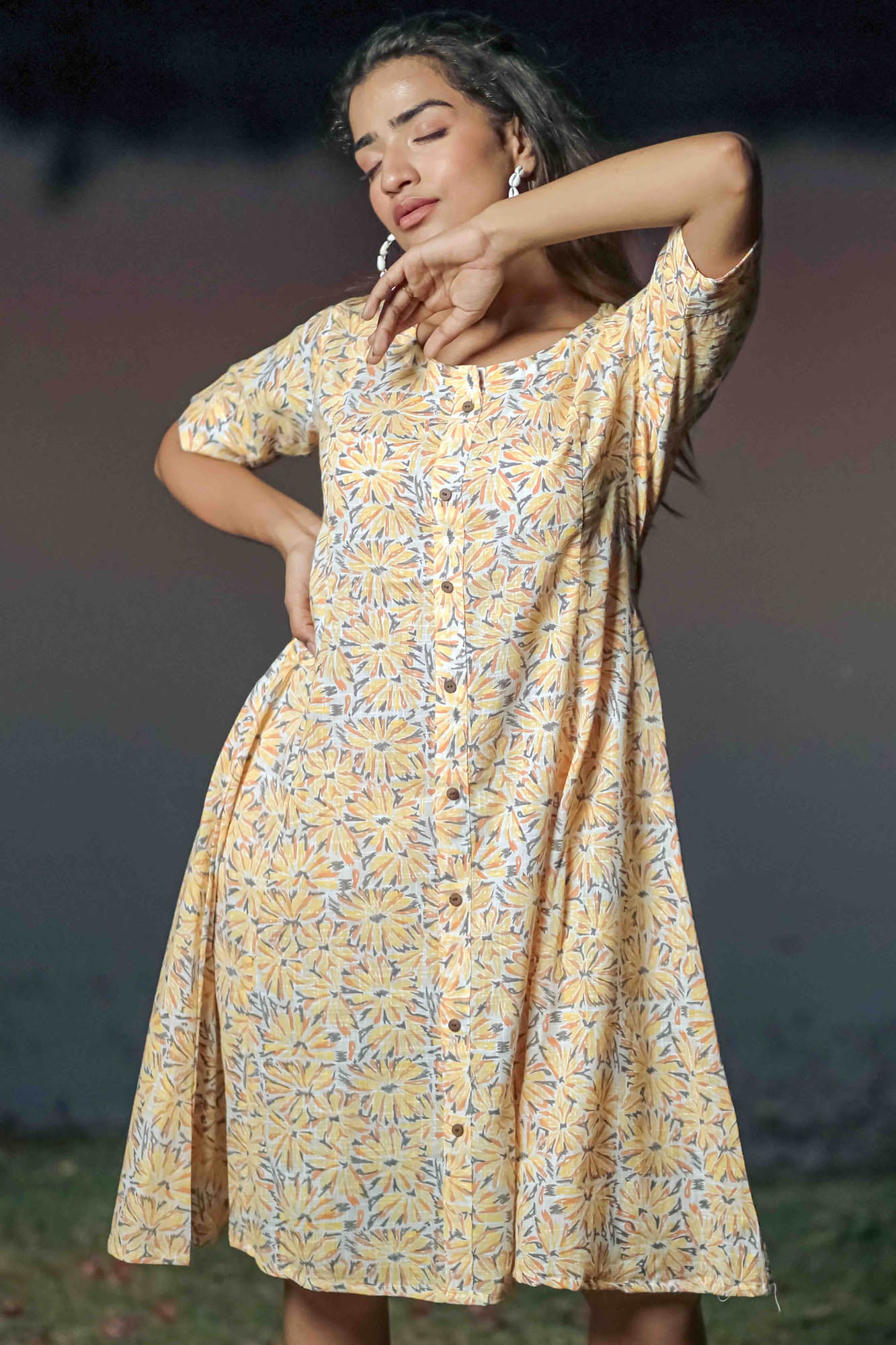 Yellow Hand Block Printed Panel Dress