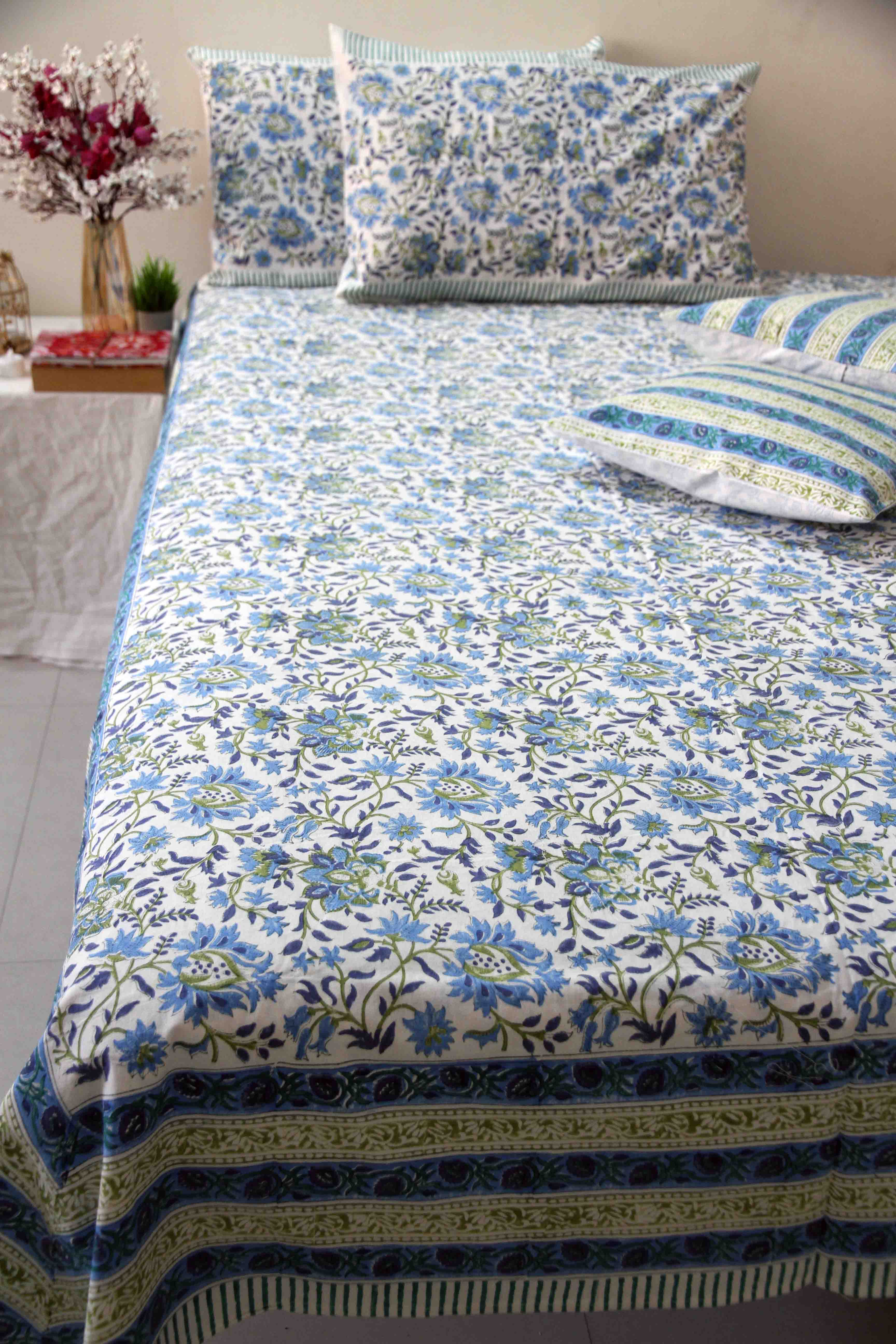 Blue and white block printed floral bedsheet with pillow covers