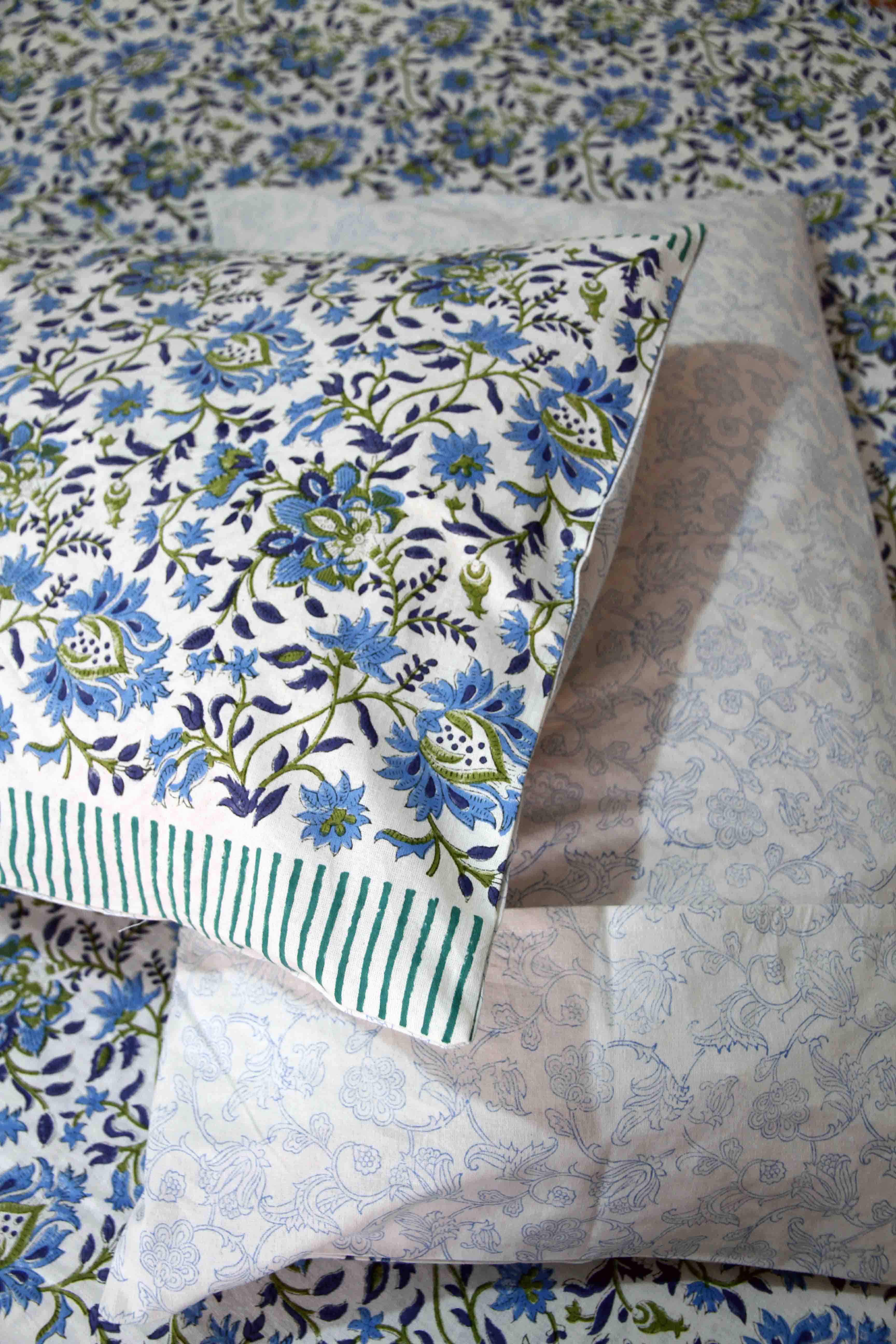 Blue and white block printed floral bedsheet with pillow covers