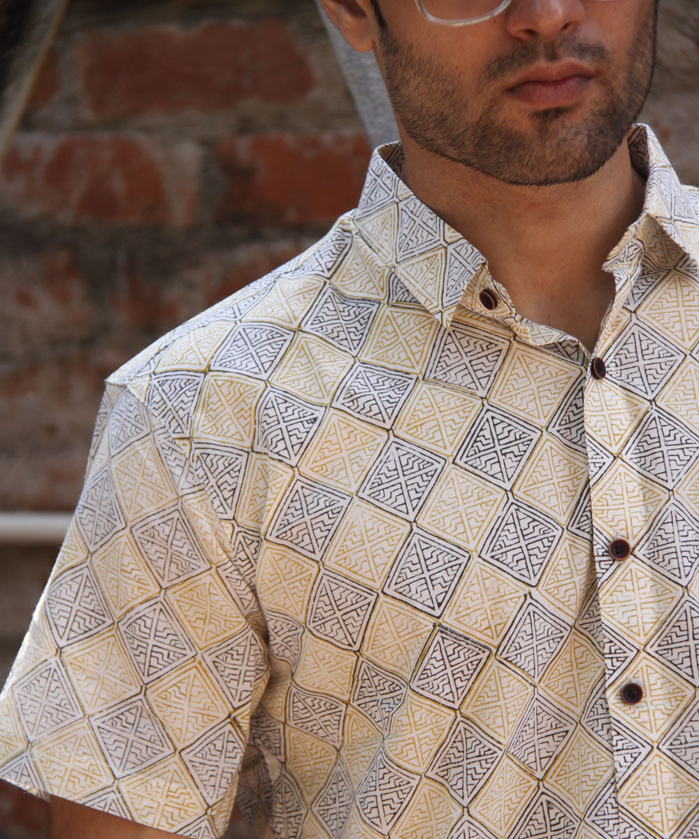 White Moroccan Pattern Hand Block Printed Half Sleeve Shirt