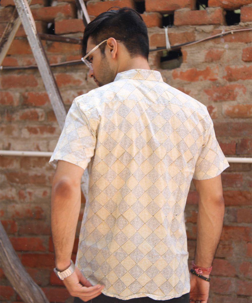 White Moroccan Pattern Hand Block Printed Half Sleeve Shirt