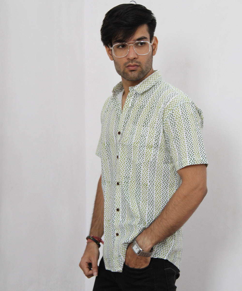 Green Chevron Hand Block Printed Half Sleeve Shirt