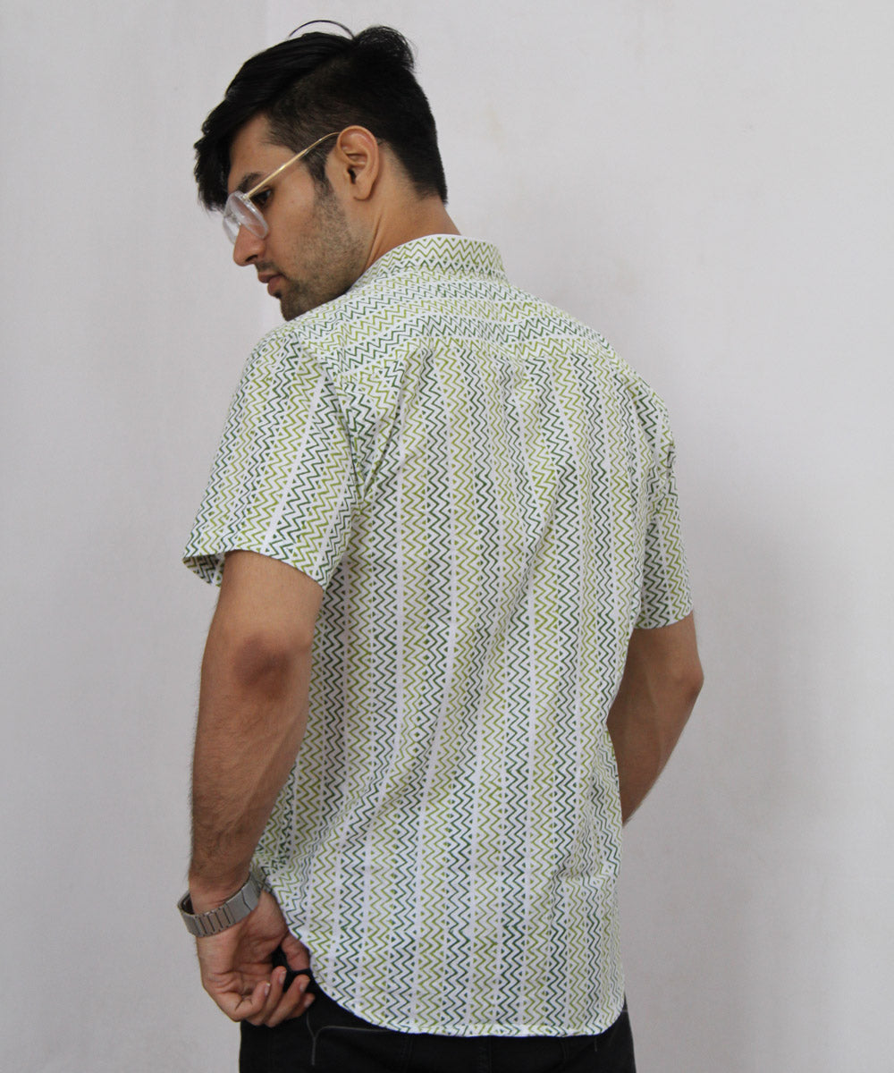 Green Chevron Hand Block Printed Half Sleeve Shirt
