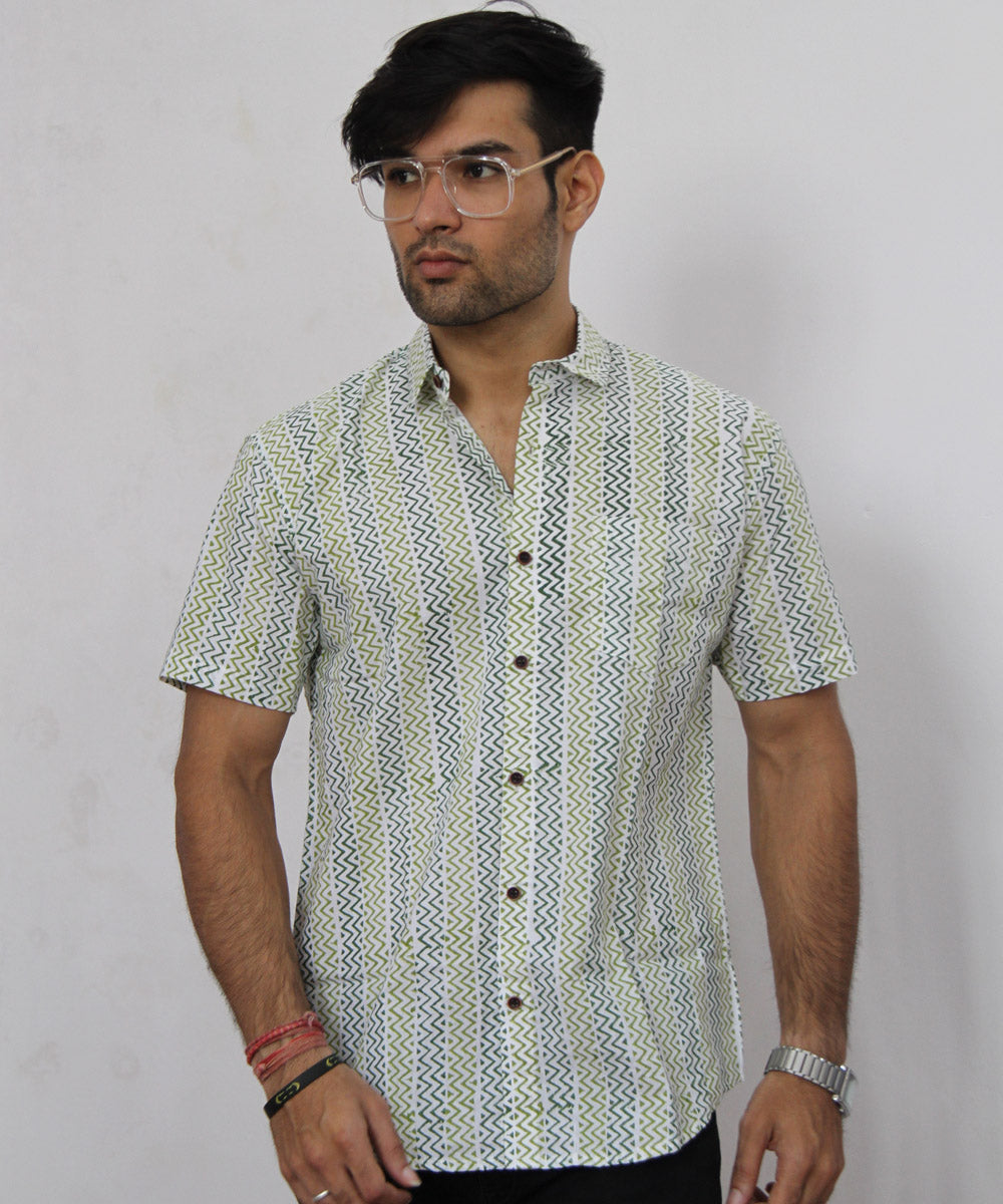 Green Chevron Hand Block Printed Half Sleeve Shirt