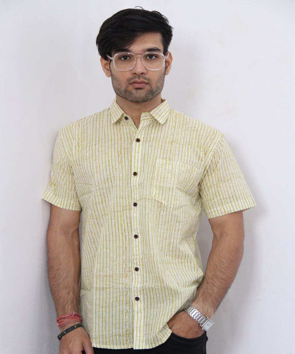 Green Geometric Hand Block Printed Half Sleeve Shirt