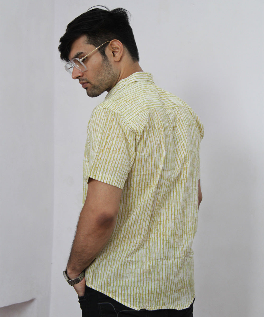 Green Geometric Hand Block Printed Half Sleeve Shirt