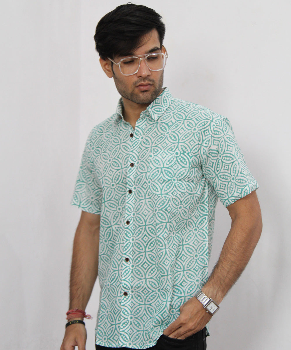 White Mosaic Tile Pattern Hand Block Printed Half Sleeve Shirt