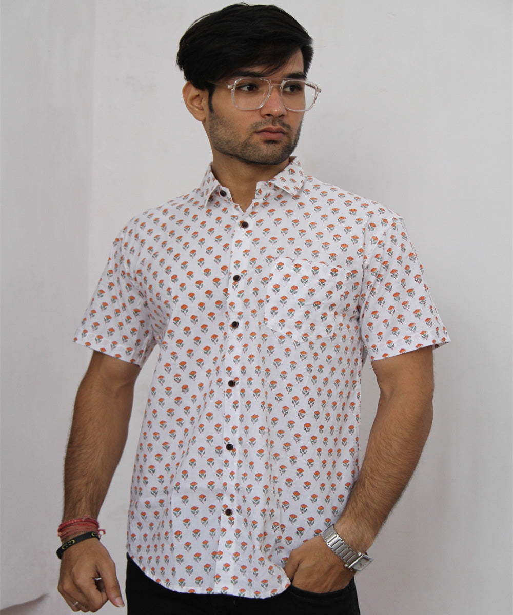 White Floral Pattern Hand Block Printed Half Sleeve Shirt