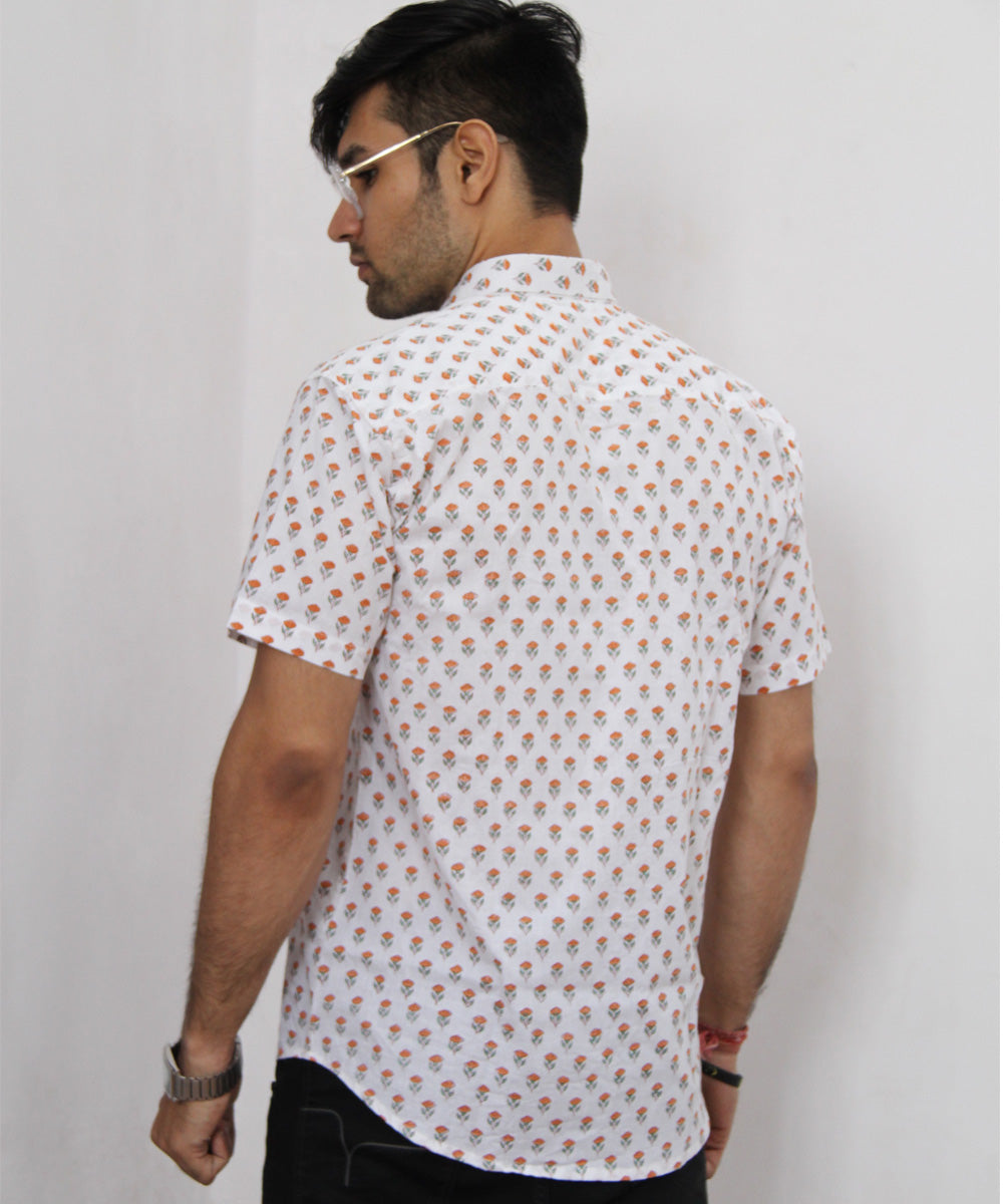 White Floral Pattern Hand Block Printed Half Sleeve Shirt