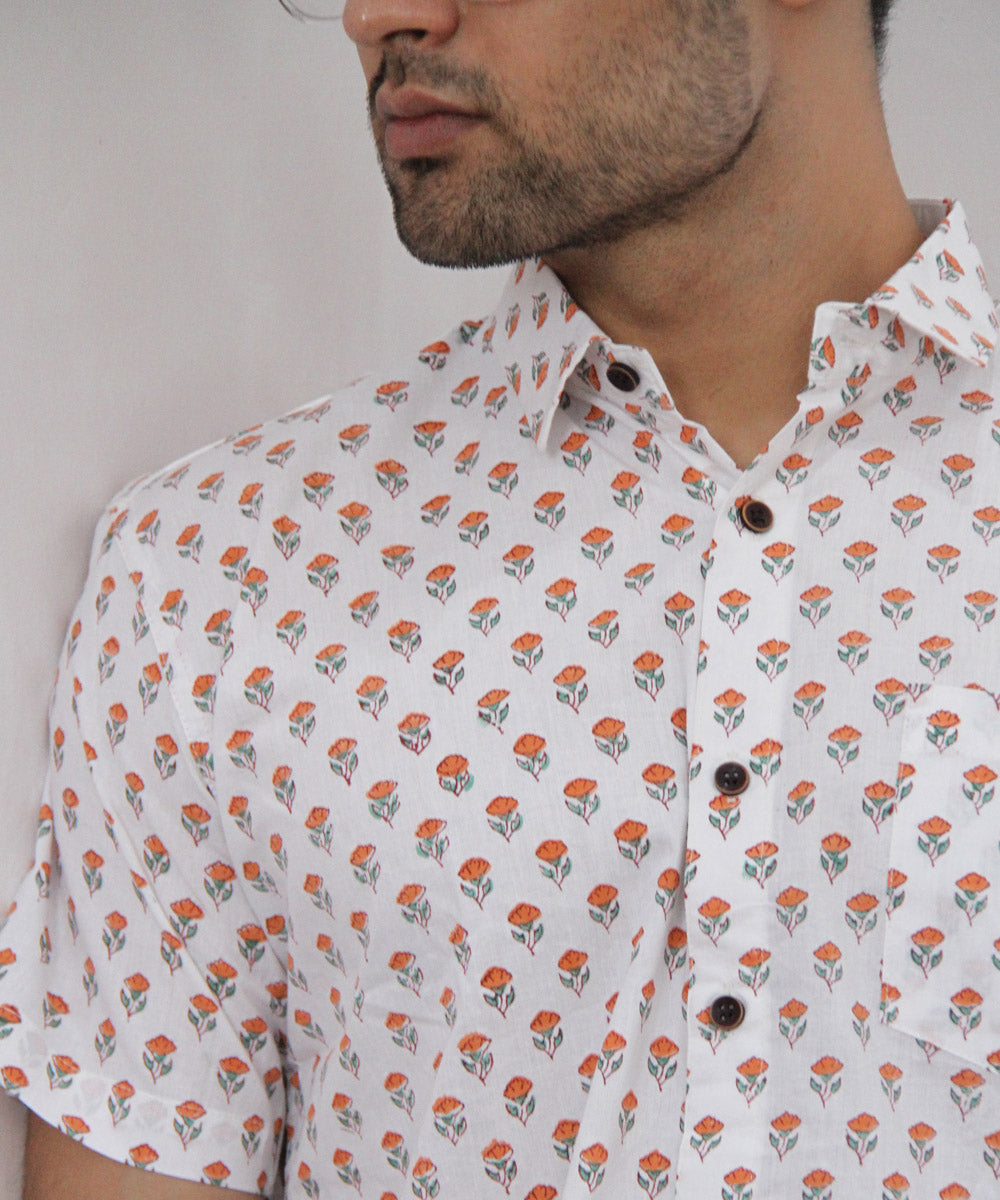 White Floral Pattern Hand Block Printed Half Sleeve Shirt