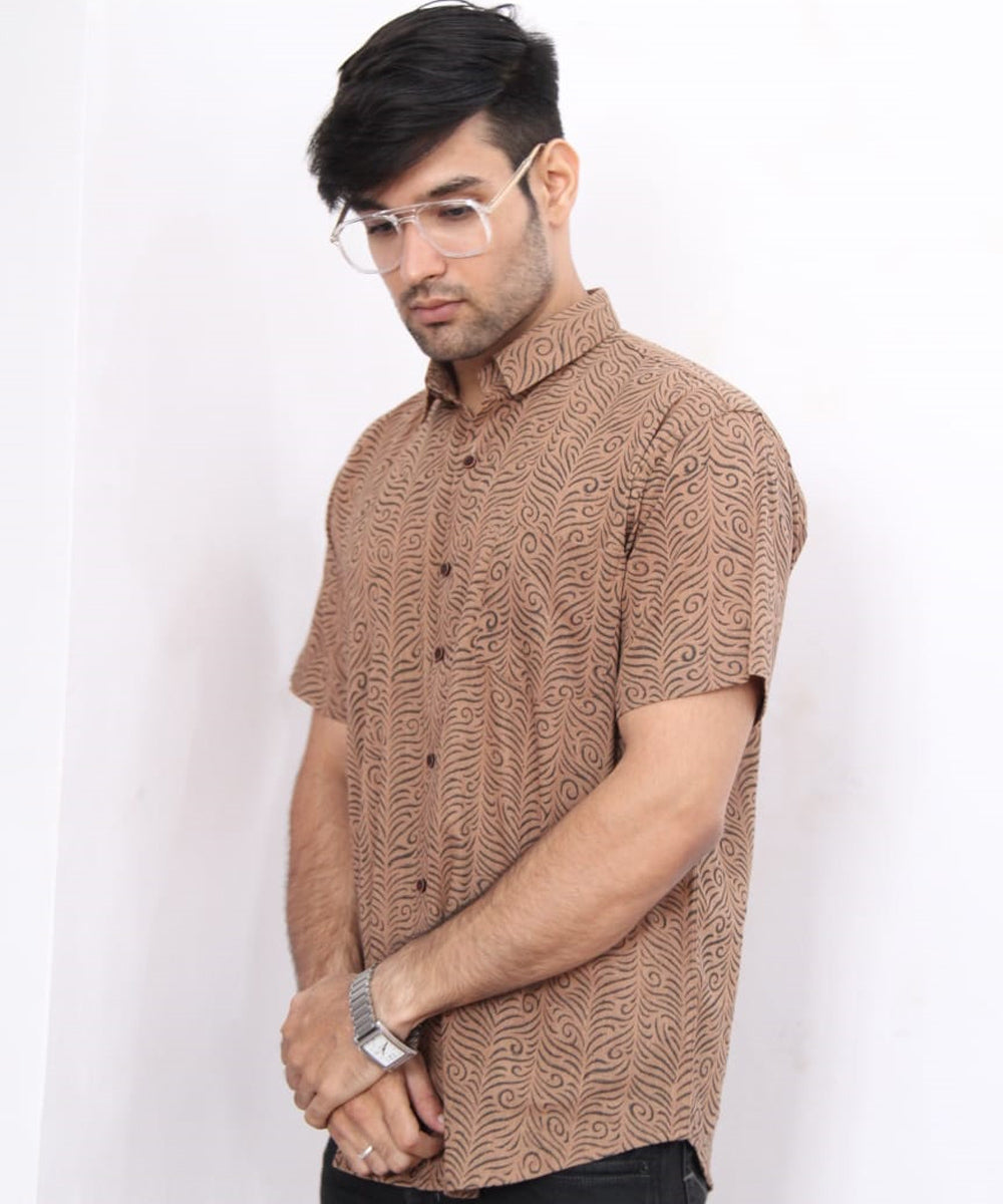 Brown Abstract Pattern Hand Block Printed Half Sleeve Shirt