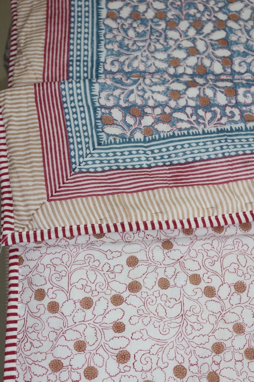 Blue Beige jaal White Hand Block Printed Cotton Dohar