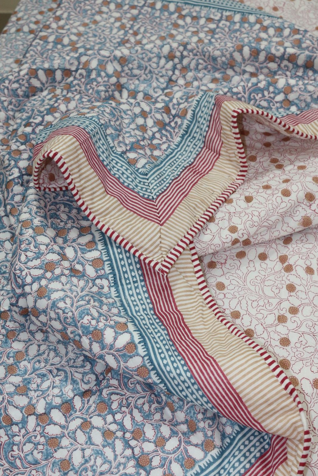 Blue Beige jaal White Hand Block Printed Cotton Dohar