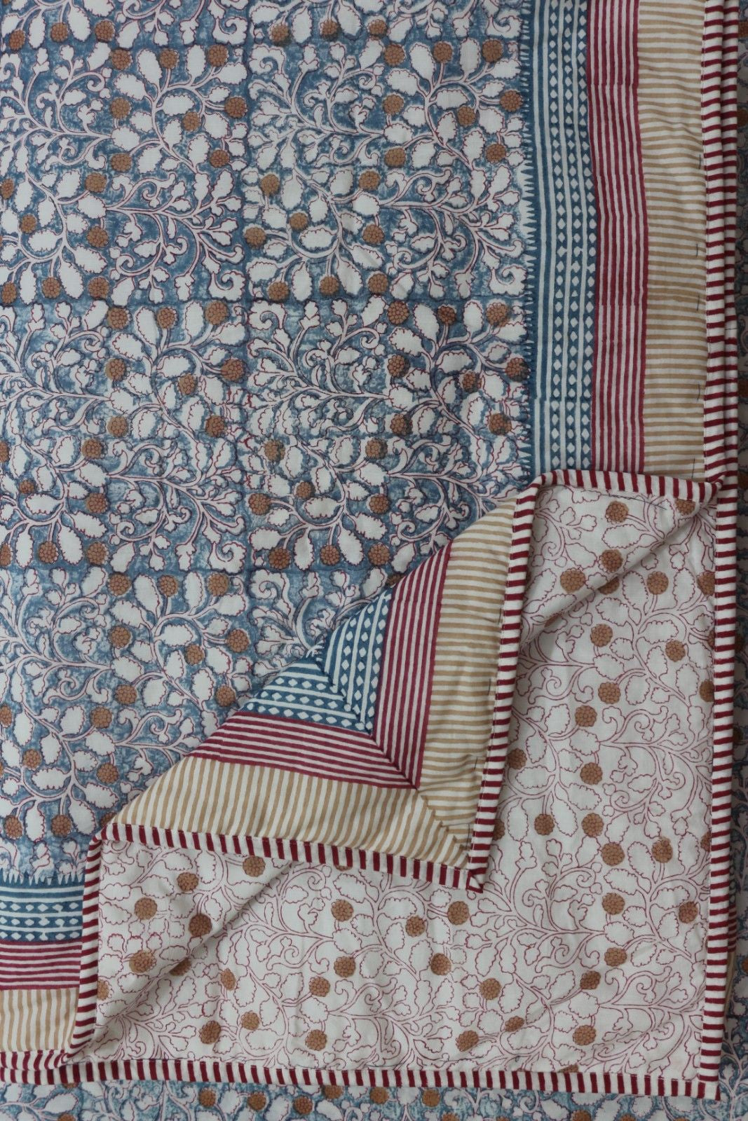 Blue Beige jaal White Hand Block Printed Cotton Dohar