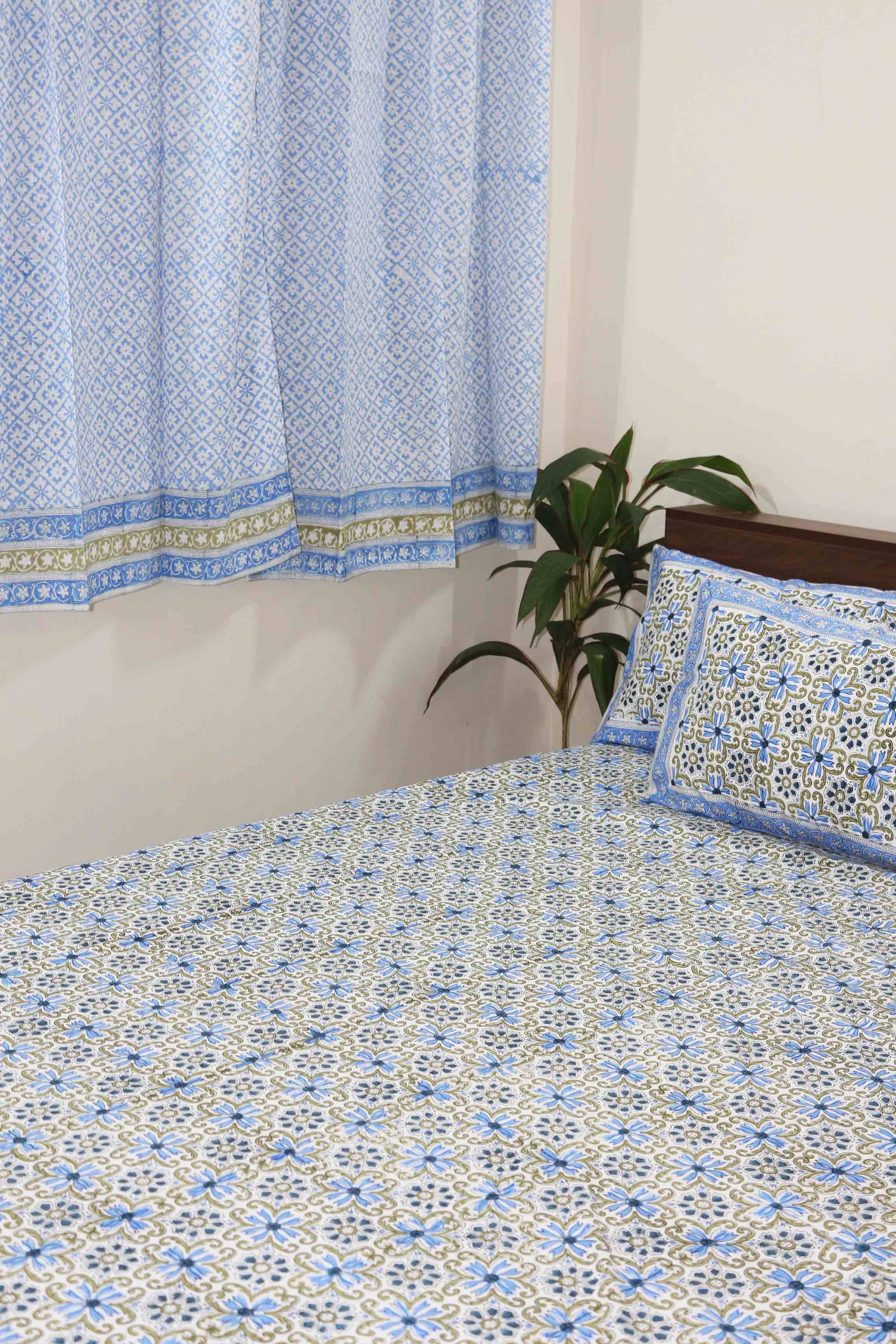 Mughal jaal White Hand Block Printed Cotton Bedsheet