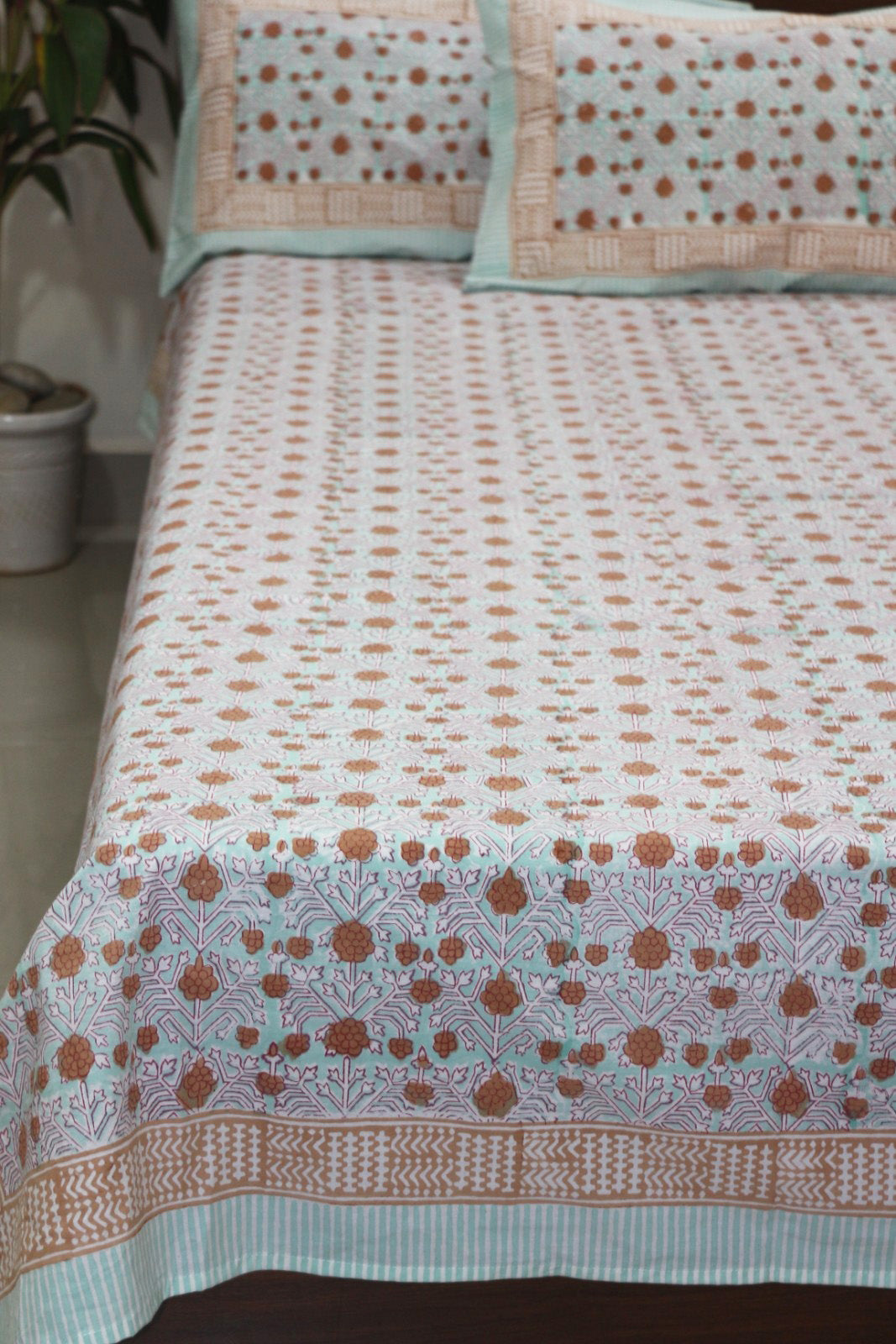 Aqua floral jaal White Hand Block Printed Cotton Bedsheet