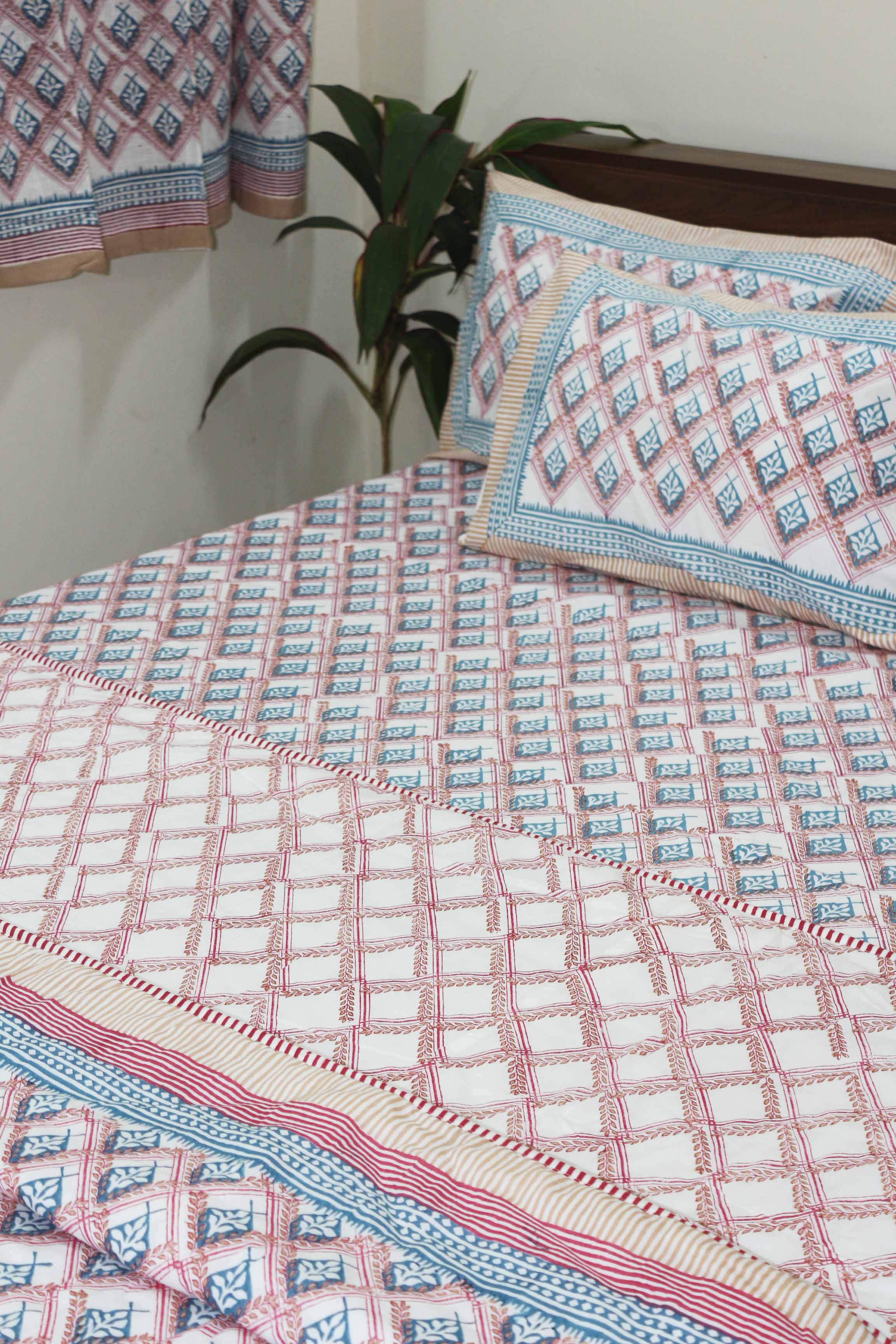 D floral White Hand Block Printed Cotton Bedsheet